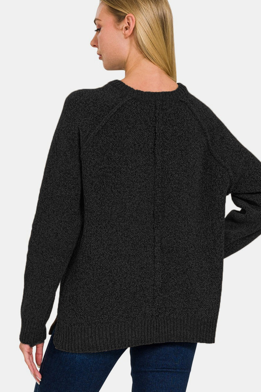 Zenana Side Slit Raglan Sleeve Sweater In Black us.meeeshop - 