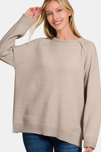 Zenana Side Slit Raglan Sleeve Sweater In Mocha us.meeeshop - 