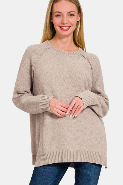 Zenana Side Slit Raglan Sleeve Sweater In Mocha us.meeeshop - Shirts & Tops