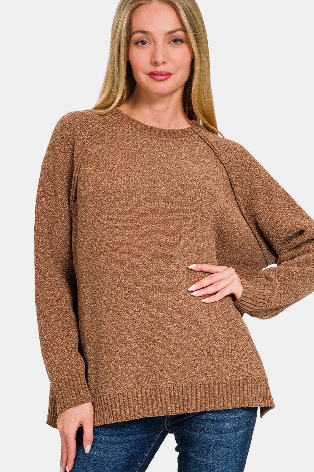 Zenana Side Slit Raglan Sleeve Sweater us.meeeshop - Shirts & Tops