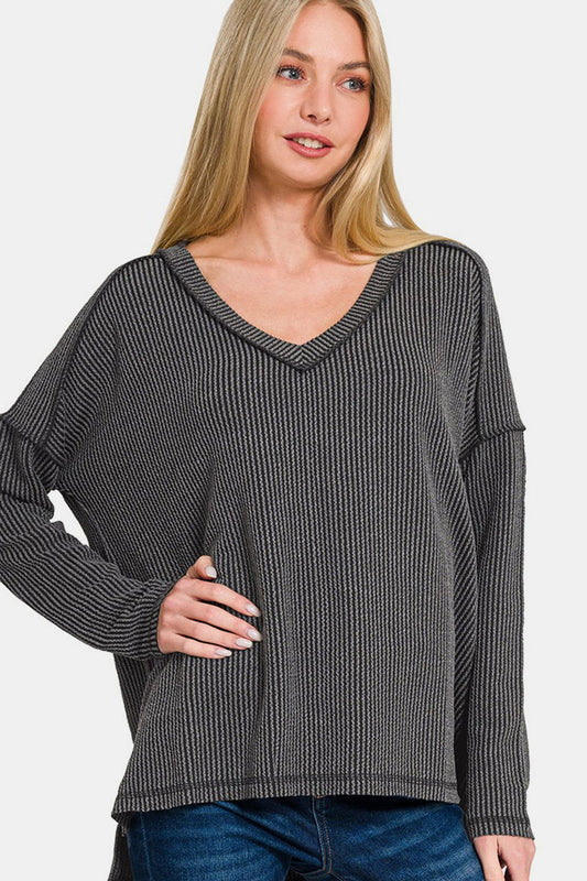 Zenana Texture Exposed Seam V-Neck Long Sleeve T-Shirt In Black us.meeeshop - Shirts & Tops