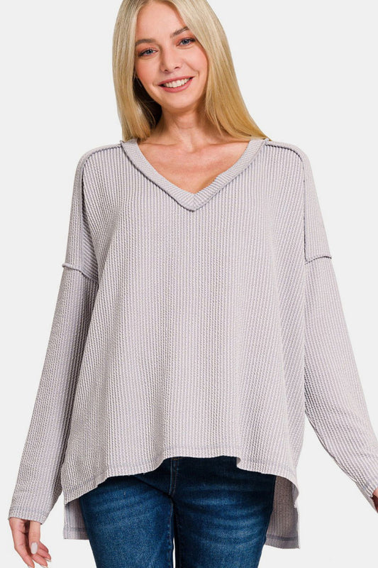 Zenana Texture Exposed Seam V-Neck Long Sleeve T-Shirt In Gray us.meeeshop - Shirts & Tops