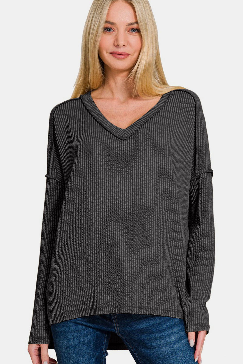 Zenana Texture Exposed Seam V-Neck Long Sleeve T-Shirt us.meeeshop - 