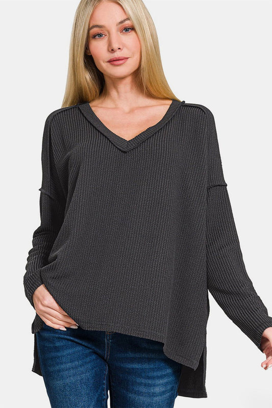 Zenana Texture Exposed Seam V-Neck Long Sleeve T-Shirt us.meeeshop - Shirts & Tops