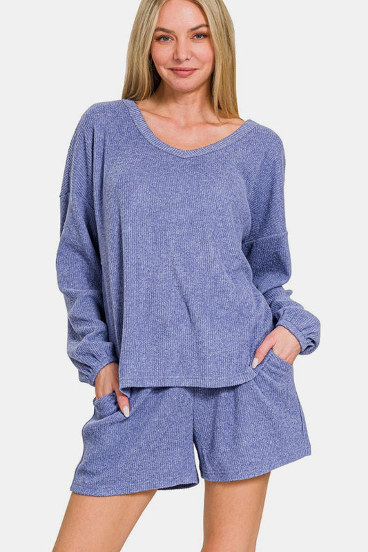 Zenana V-Neck Long Sleeve Ribbed Top and Shorts Set - Blue Purple us.meeeshop - Loungewear