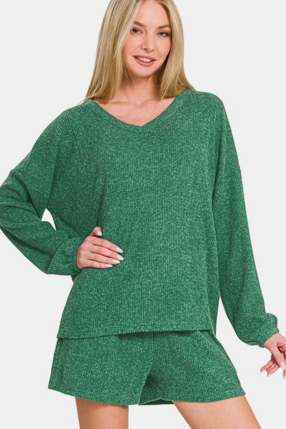 Zenana V-Neck Long Sleeve Ribbed Top and Shorts Set - Dark Green us.meeeshop - Loungewear