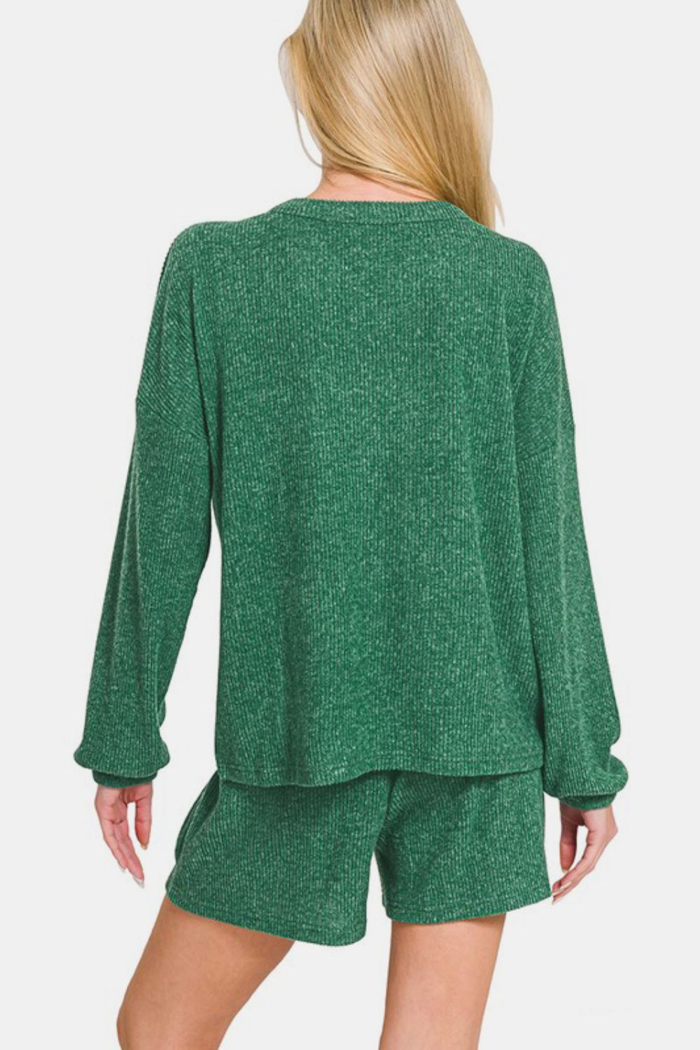 Zenana V-Neck Long Sleeve Ribbed Top and Shorts Set - Dark Green us.meeeshop - 