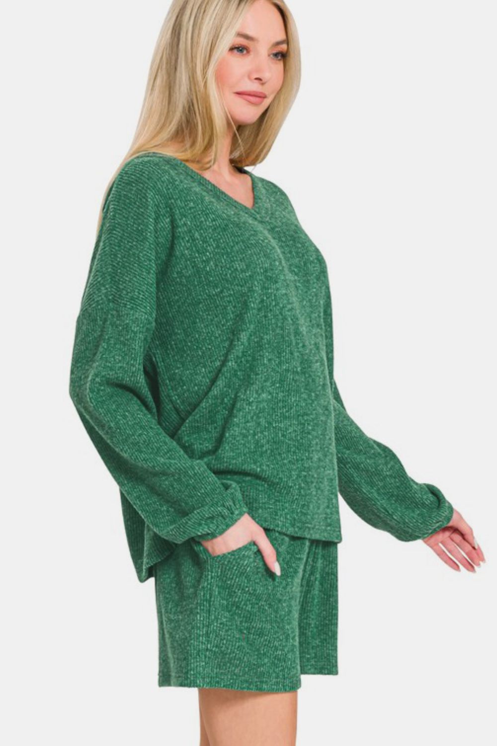 Zenana V-Neck Long Sleeve Ribbed Top and Shorts Set - Dark Green us.meeeshop - 