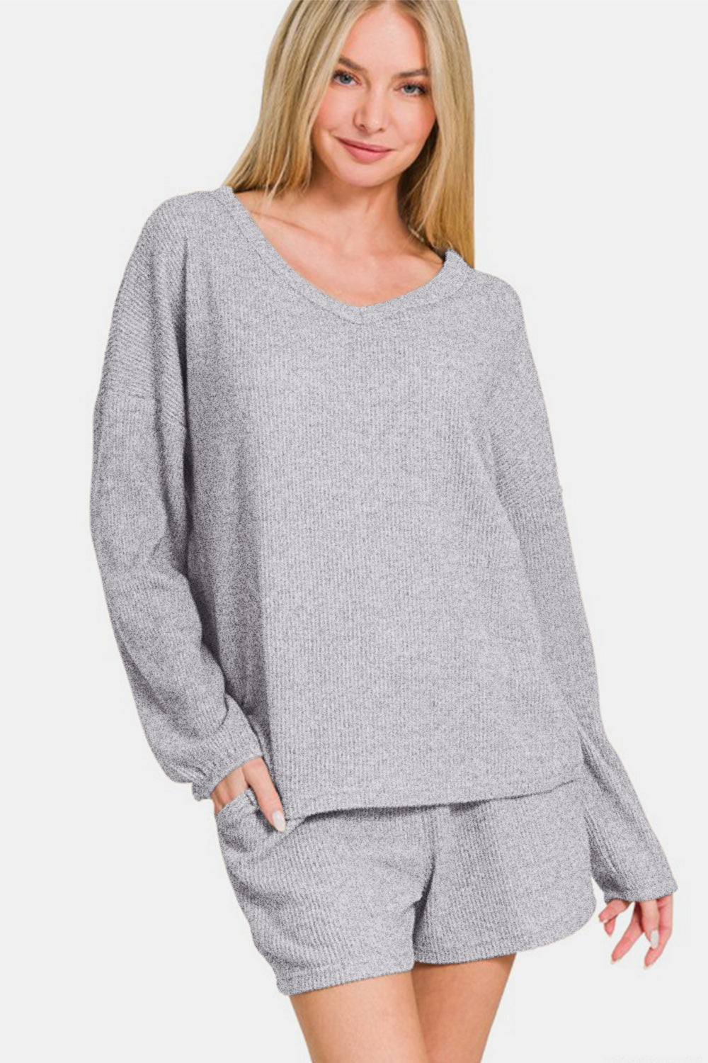 Zenana V-Neck Long Sleeve Ribbed Top and Shorts Set - Gray us.meeeshop - 