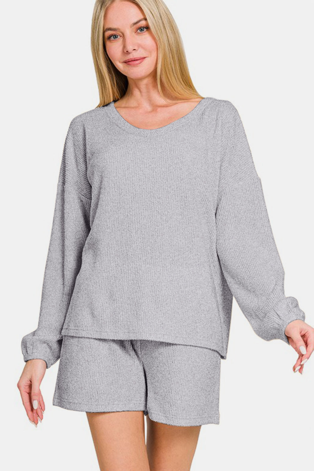 Zenana V-Neck Long Sleeve Ribbed Top and Shorts Set - Gray us.meeeshop - Loungewear