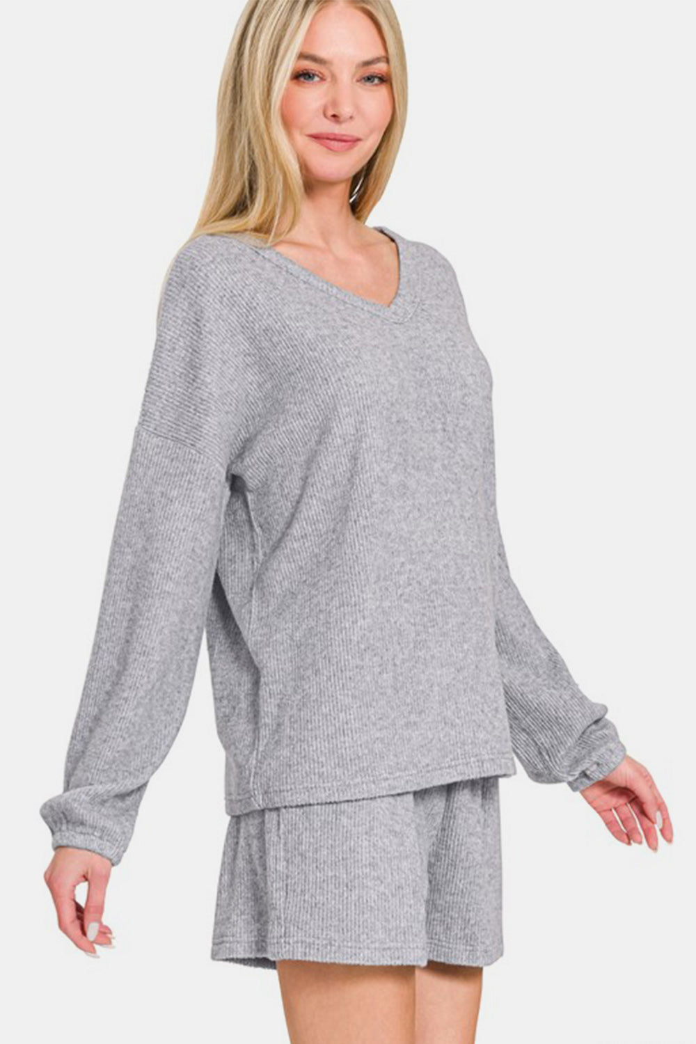 Zenana V-Neck Long Sleeve Ribbed Top and Shorts Set - Gray us.meeeshop - 