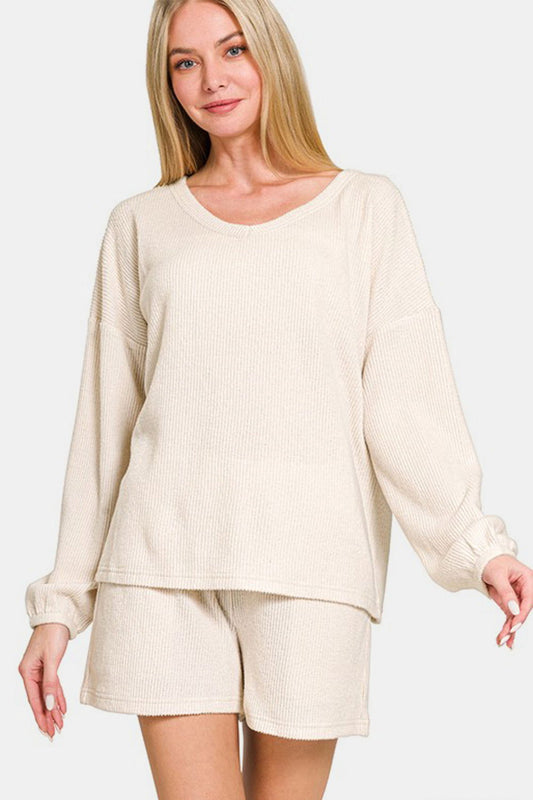 Zenana V-Neck Long Sleeve Ribbed Top and Shorts Set In Beige us.meeeshop - Loungewear