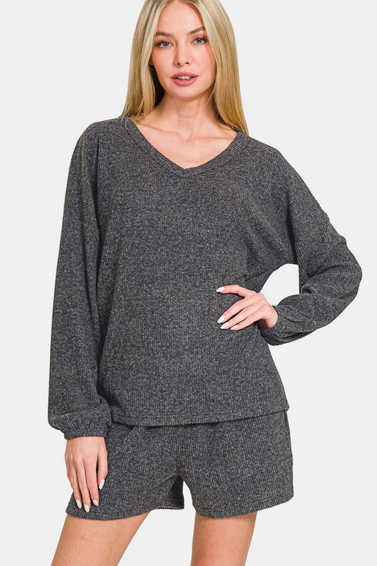 Zenana V-Neck Long Sleeve Ribbed Top and Shorts Set In Black us.meeeshop - Loungewear