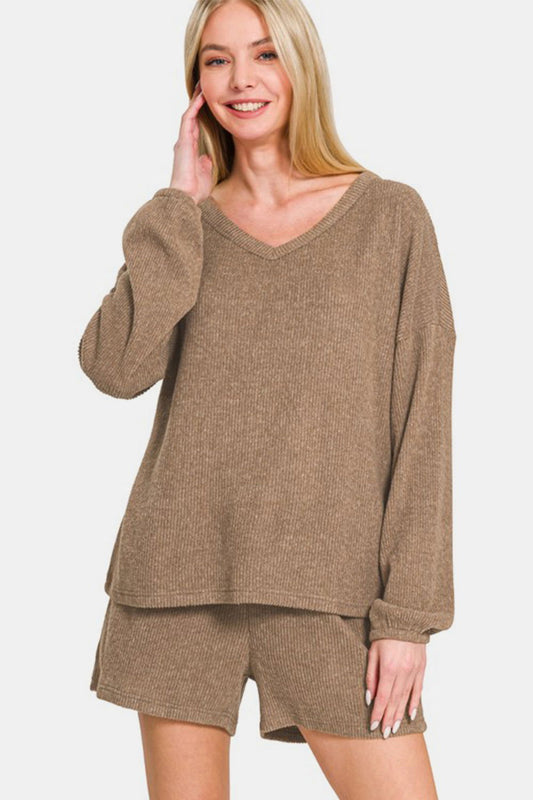 Zenana V-Neck Long Sleeve Ribbed Top and Shorts Set In Camel us.meeeshop - Loungewear