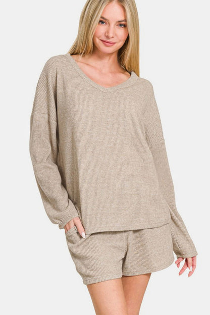 Zenana V-Neck Long Sleeve Ribbed Top and Shorts Set - Khaki us.meeeshop - 