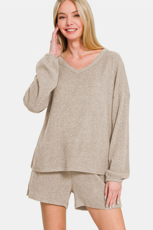 Zenana V-Neck Long Sleeve Ribbed Top and Shorts Set - Khaki us.meeeshop - Loungewear