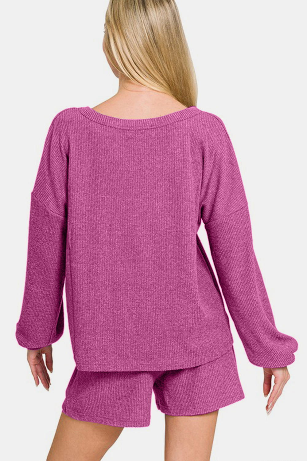 Zenana V-Neck Long Sleeve Ribbed Top and Shorts Set - Red-Violet us.meeeshop - 