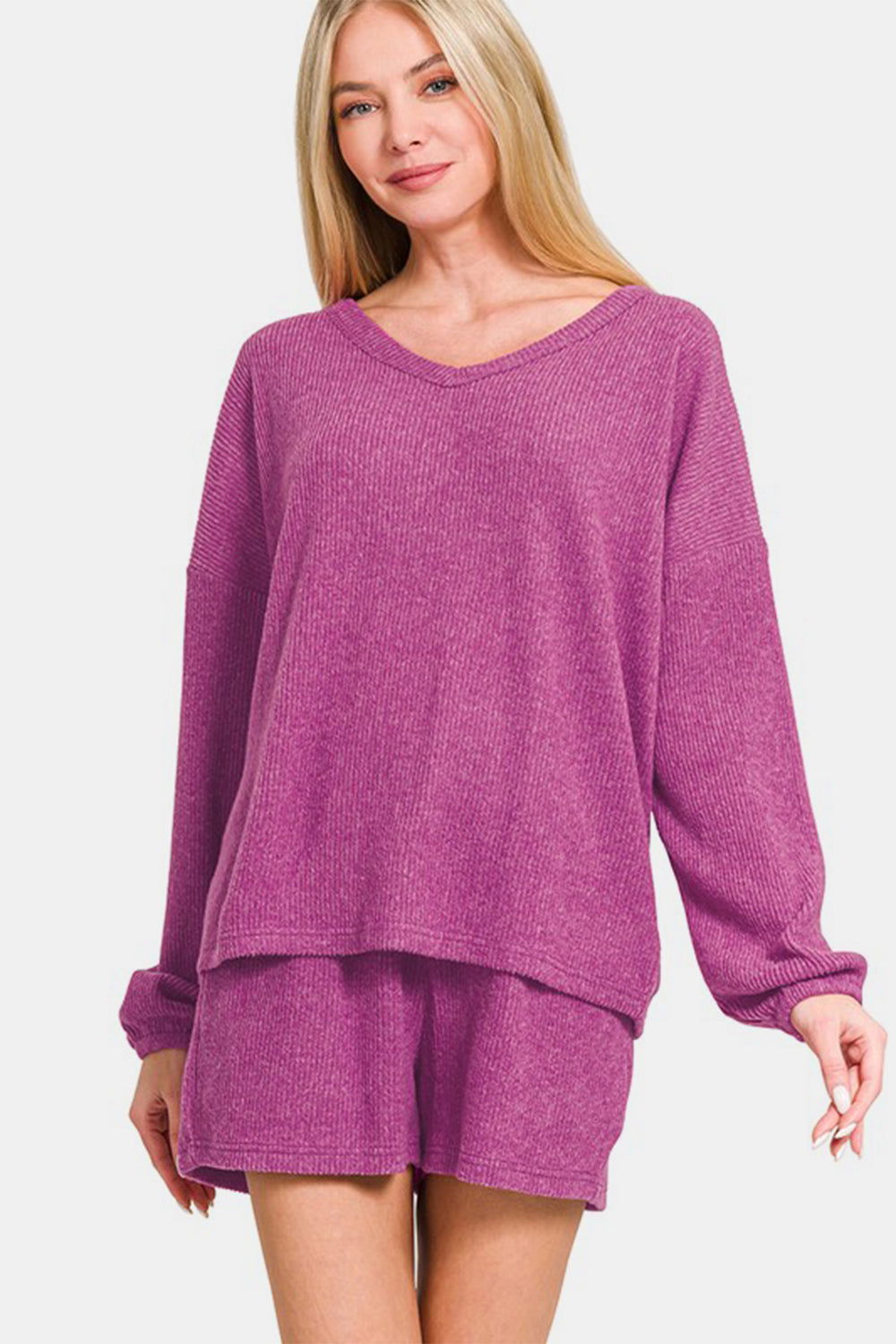 Zenana V-Neck Long Sleeve Ribbed Top and Shorts Set - Red-Violet us.meeeshop - Loungewear