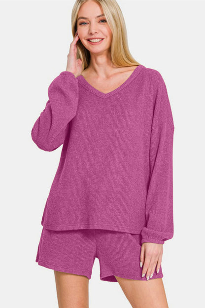 Zenana V-Neck Long Sleeve Ribbed Top and Shorts Set - Red-Violet us.meeeshop - 