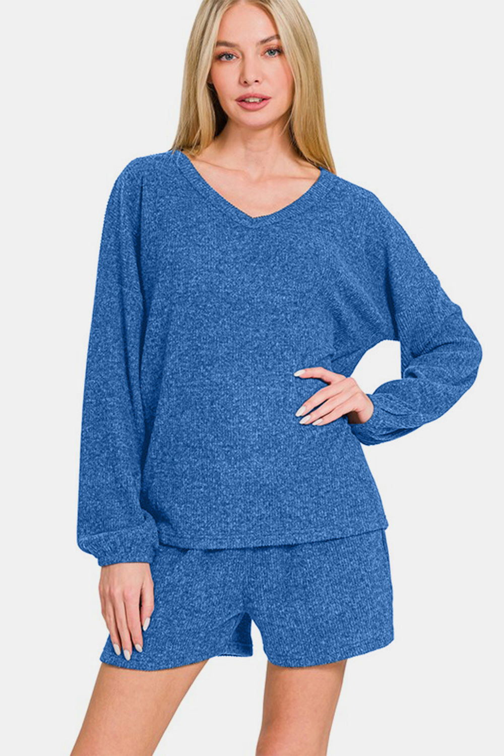 Zenana V-Neck Long Sleeve Ribbed Top and Shorts Set - Royal Blue us.meeeshop - 