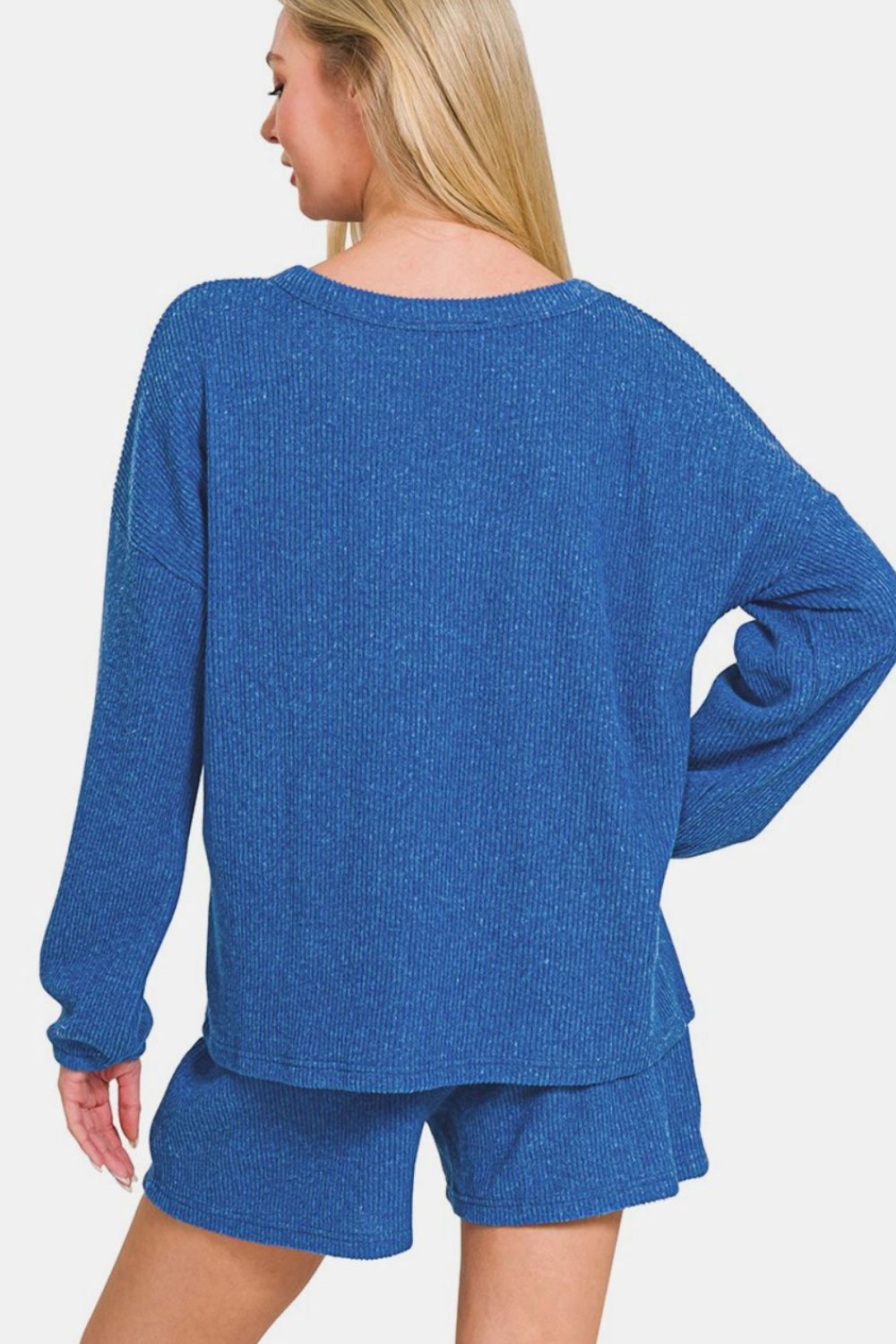 Zenana V-Neck Long Sleeve Ribbed Top and Shorts Set - Royal Blue us.meeeshop - 