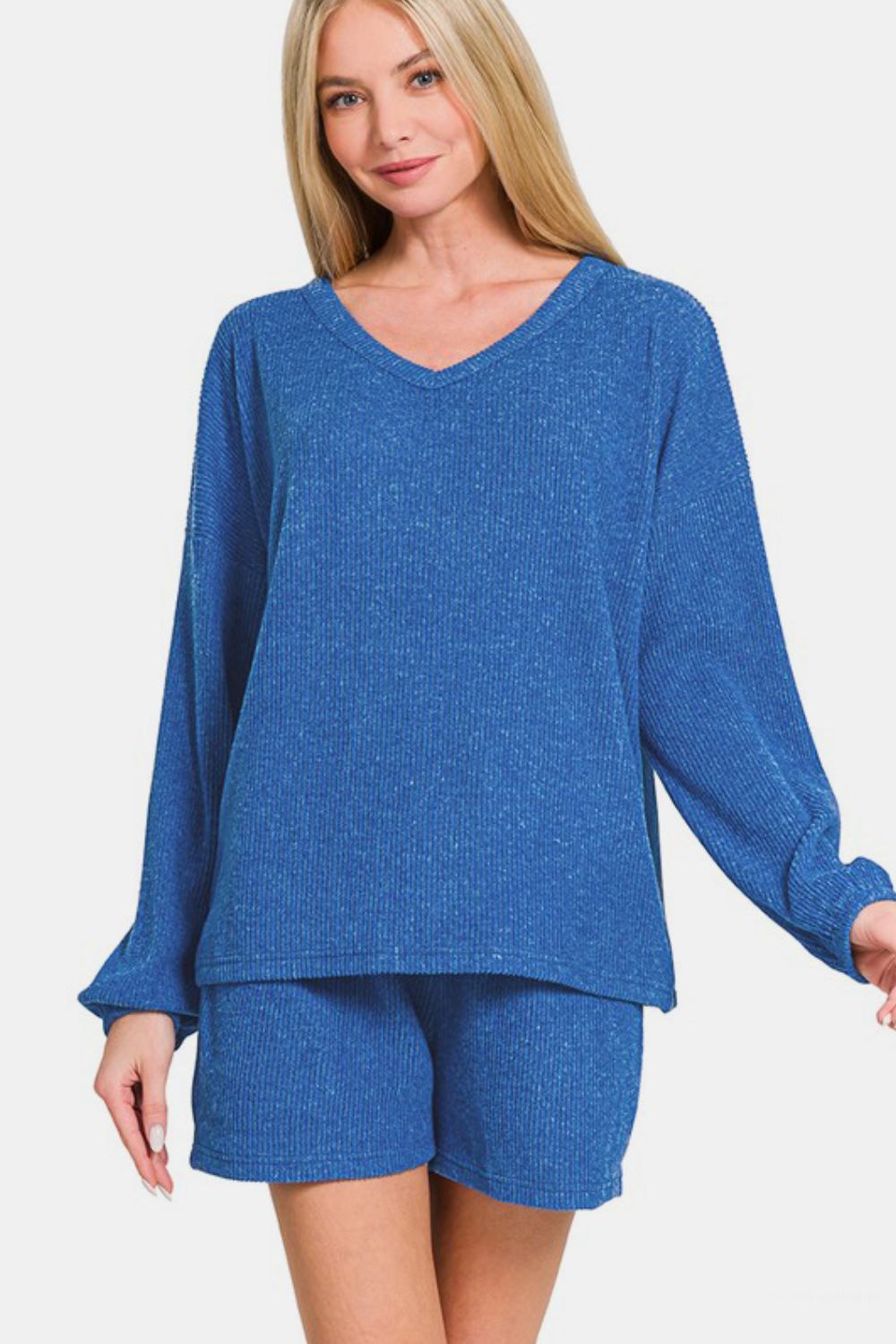 Zenana V-Neck Long Sleeve Ribbed Top and Shorts Set - Royal Blue us.meeeshop - Loungewear