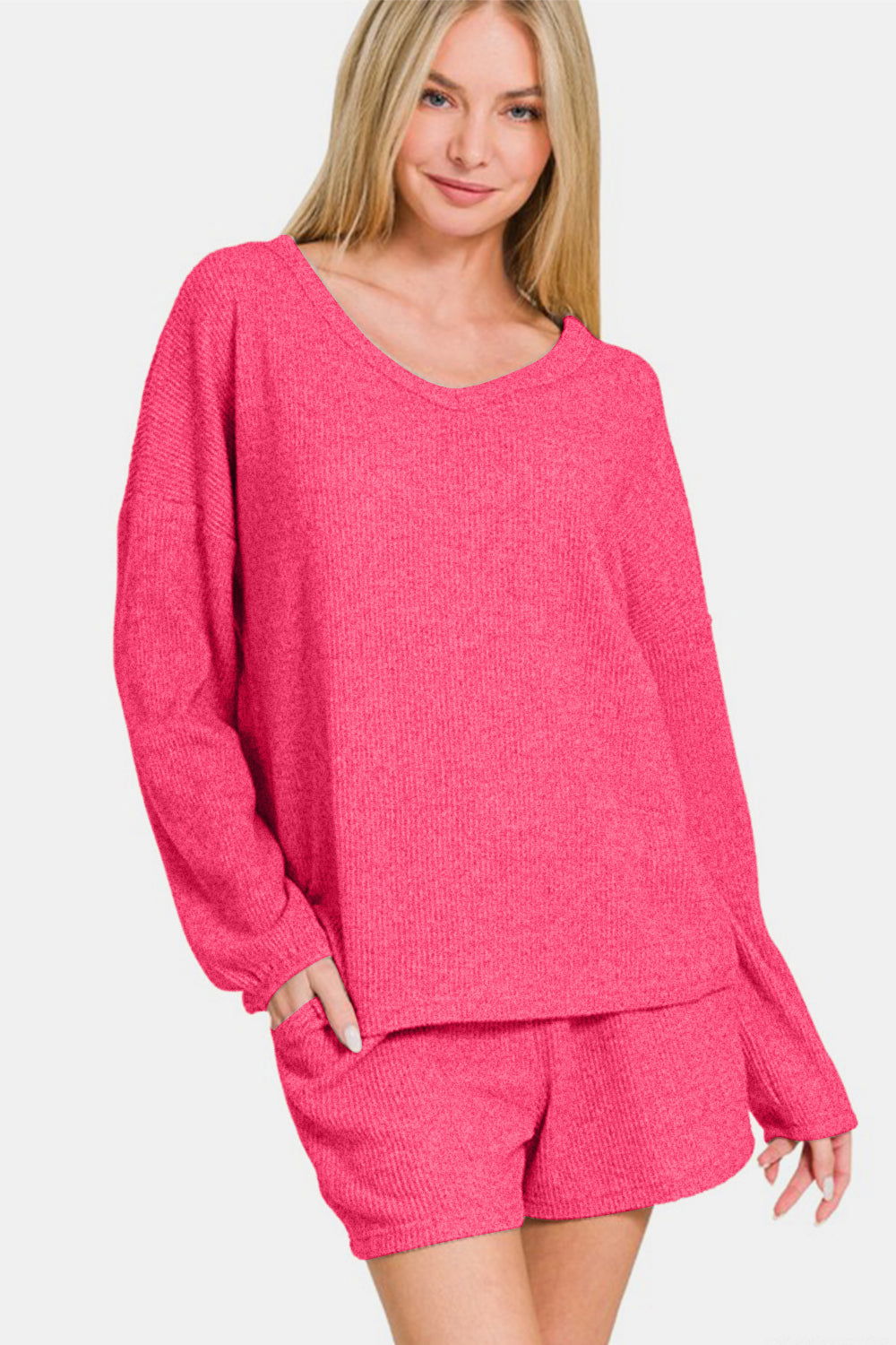 Zenana V-Neck Long Sleeve Ribbed Top and Shorts Set - Strawberry us.meeeshop - 