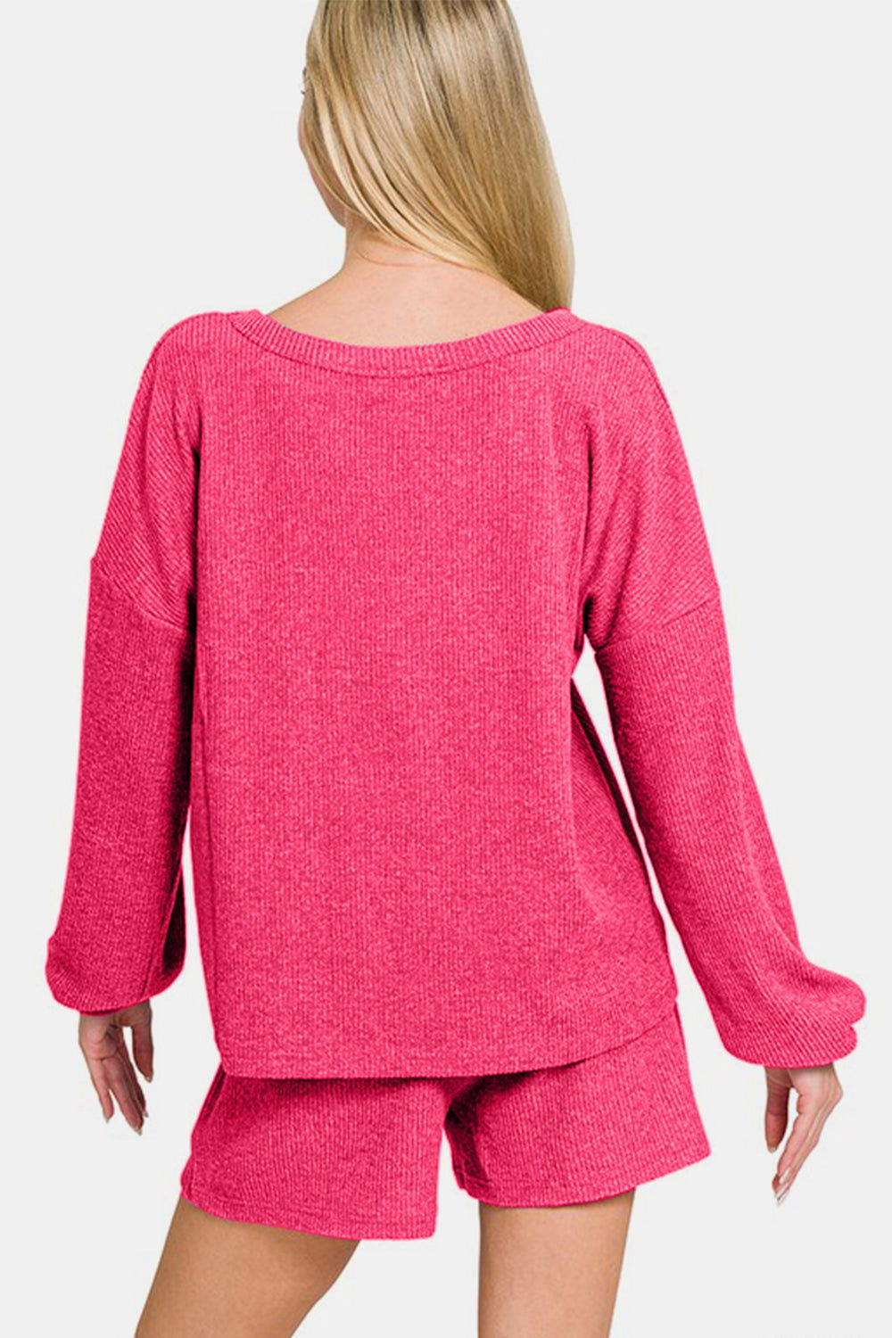 Zenana V-Neck Long Sleeve Ribbed Top and Shorts Set - Strawberry us.meeeshop - 