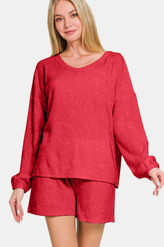 Zenana V-Neck Long Sleeve Ribbed Top and Shorts Set us.meeeshop - Loungewear