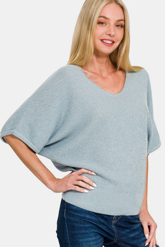 Zenana V-Neck Short Sleeve Dolman Sweater us.meeeshop - Shirts & Tops