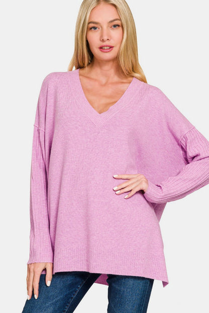 Zenana V-Neck Side Slit High-Low Sweater In Mauva us.meeeshop - Shirts & Tops