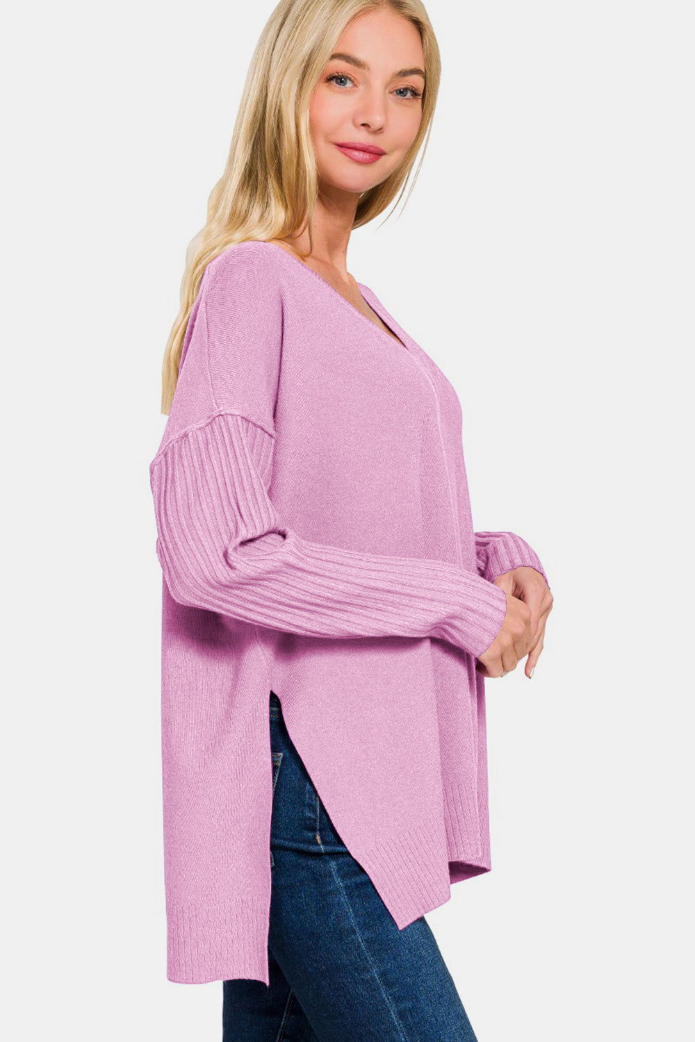 Zenana V-Neck Side Slit High-Low Sweater In Mauva us.meeeshop - 