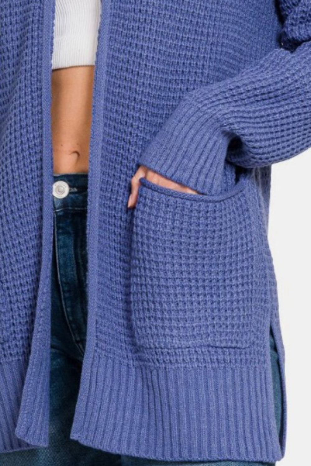 Zenana Waffle Open Front Sweater Cardigan In Marlin us.meeeshop - 