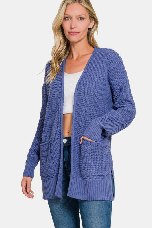 Zenana Waffle Open Front Sweater Cardigan In Marlin us.meeeshop - Shirts & Tops