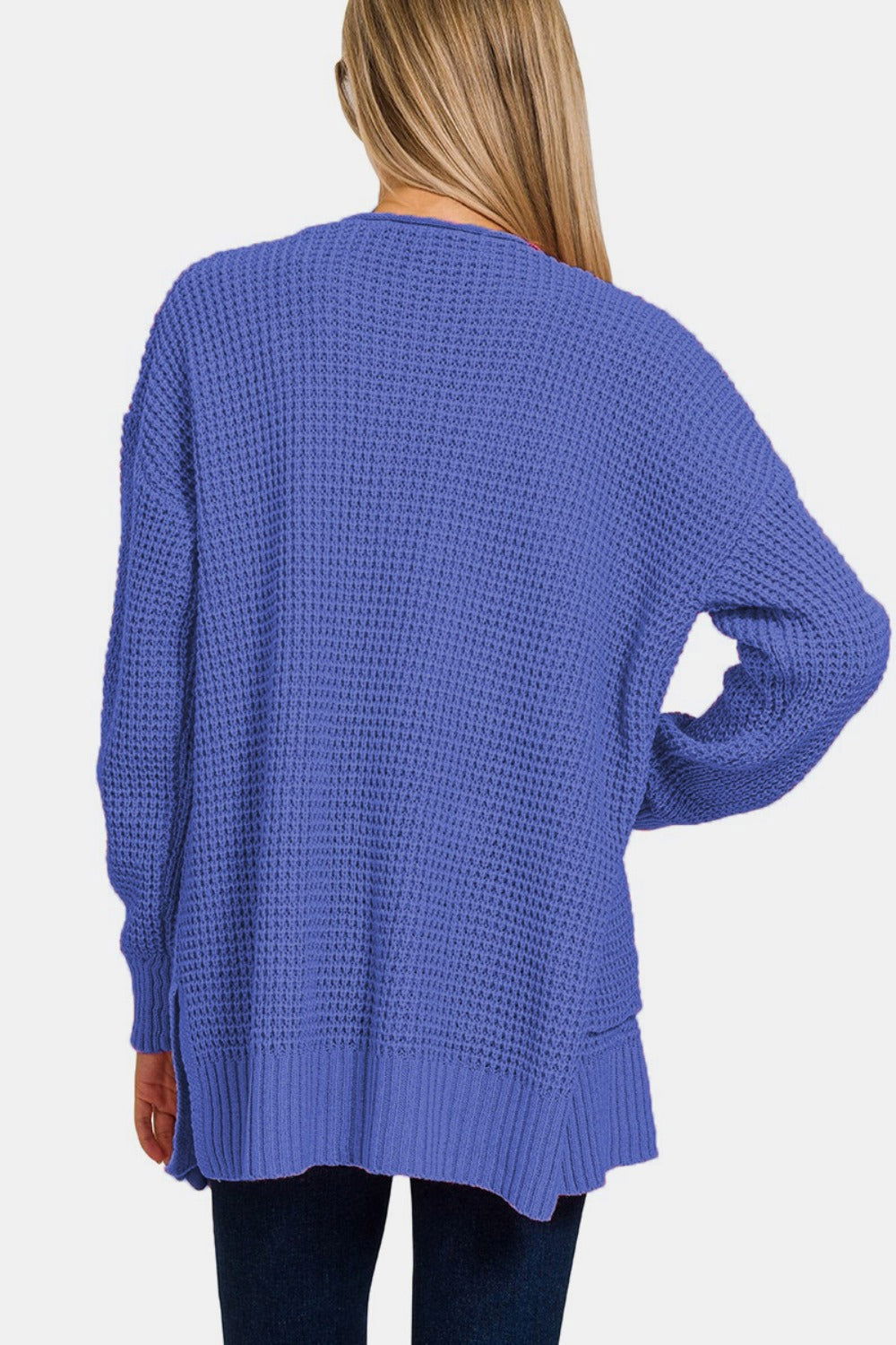 Zenana Waffle Open Front Sweater Cardigan In Marlin us.meeeshop - 