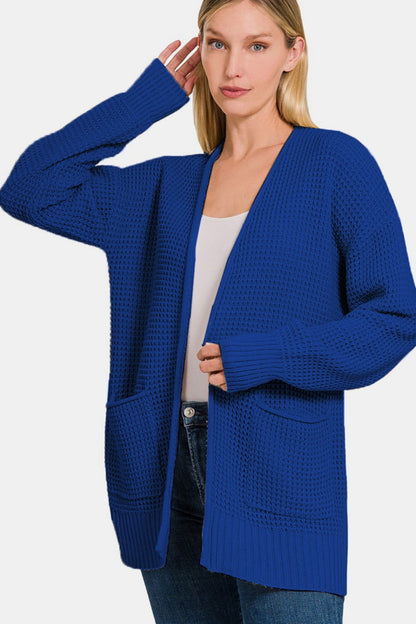 Zenana Waffle Open Front Sweater Cardigan In Navy us.meeeshop - 