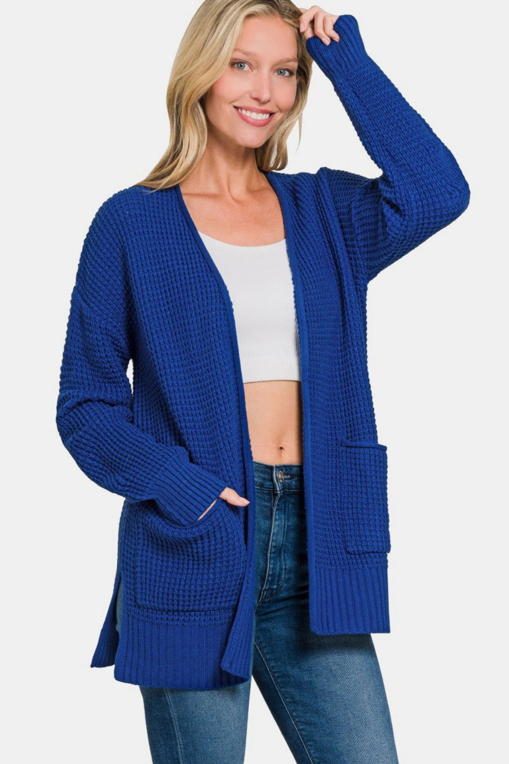 Zenana Waffle Open Front Sweater Cardigan In Navy us.meeeshop - Shirts & Tops