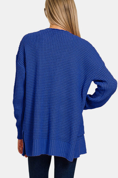 Zenana Waffle Open Front Sweater Cardigan In Navy us.meeeshop - 