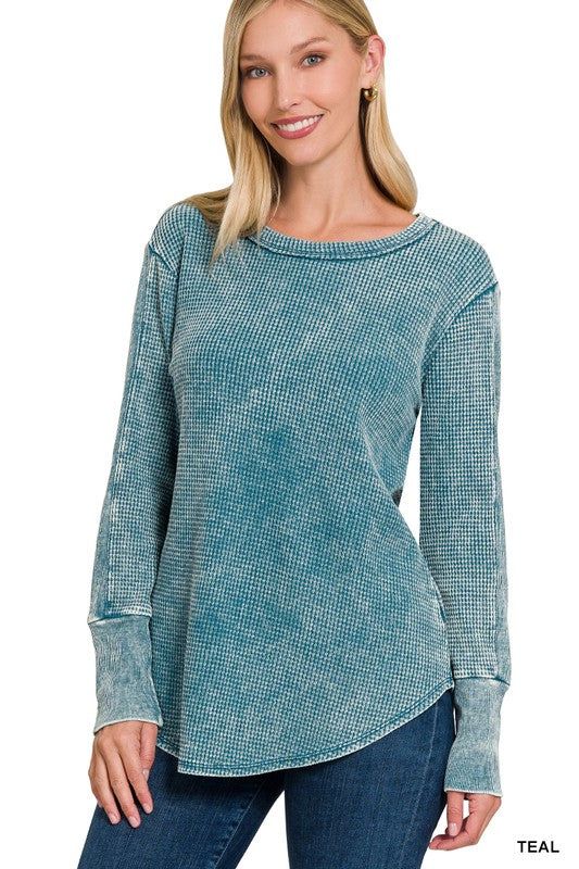 Zenana Washed Baby Waffle Long Sleeve Top us.meeeshop - Shirts & Tops