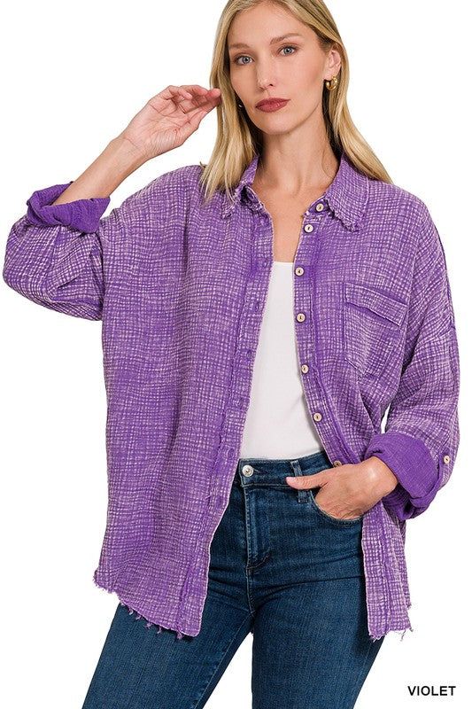 Zenana Washed Double Gauze Button Down Shirt us.meeeshop - 