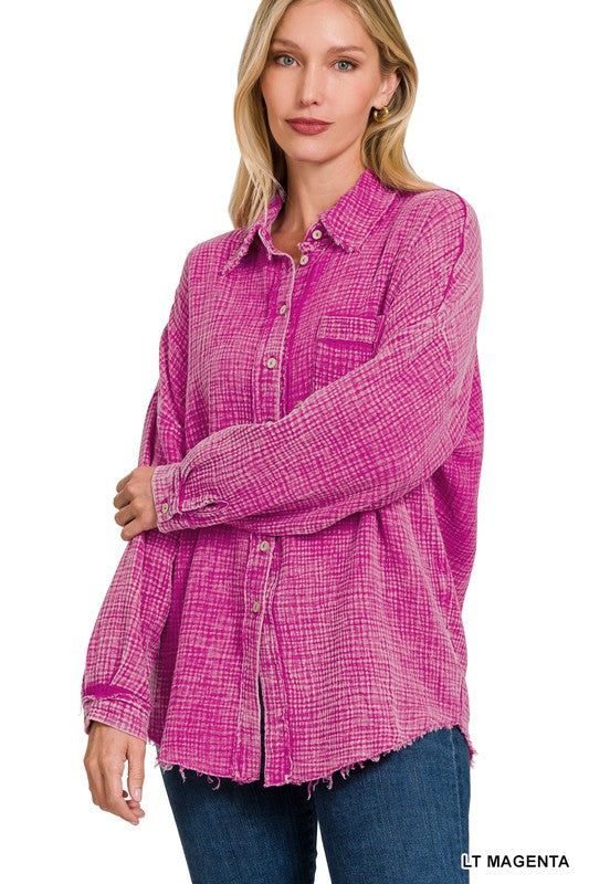 Zenana Washed Double Gauze Button Down Shirt us.meeeshop - 