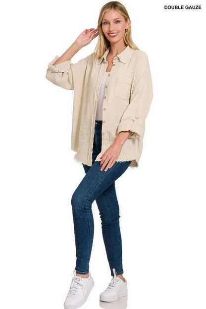 Zenana Washed Double Gauze Button Down Shirt us.meeeshop - 