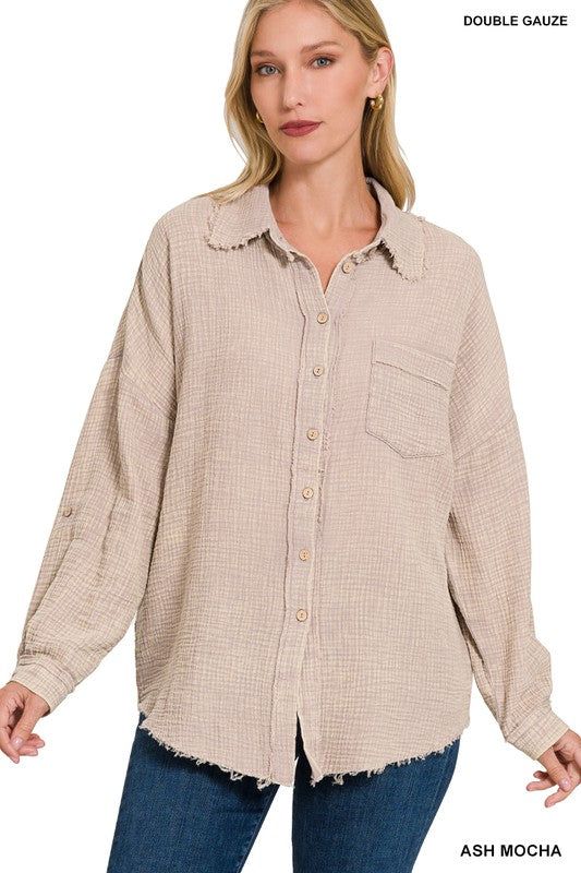 Zenana Washed Double Gauze Button Down Shirt us.meeeshop - 