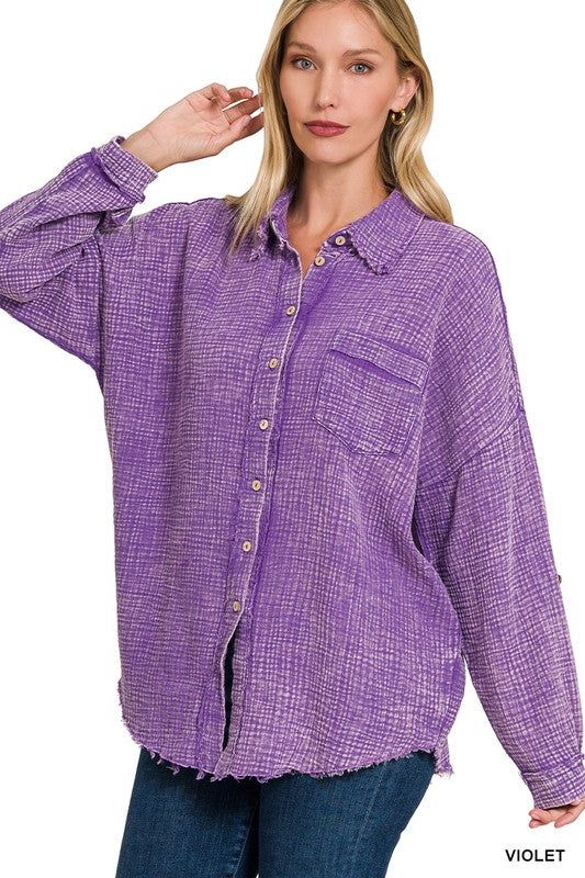 Zenana Washed Double Gauze Button Down Shirt us.meeeshop - 