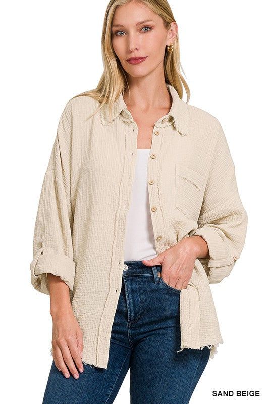 Zenana Washed Double Gauze Button Down Shirt us.meeeshop - 