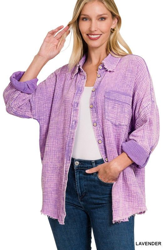 Zenana Washed Double Gauze Button Down Shirt us.meeeshop - Shirts & Tops