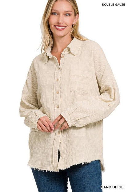 Zenana Washed Double Gauze Button Down Shirt us.meeeshop - 