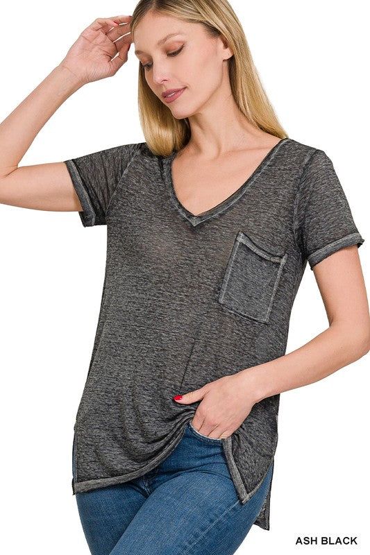 Zenana Washed Melange Burnout Scoop V-Neck Top us.meeeshop - 