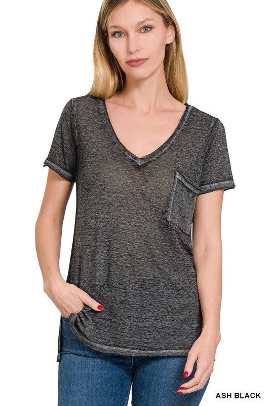 Zenana Washed Melange Burnout Scoop V-Neck Top us.meeeshop - 