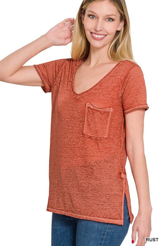 Zenana Washed Melange Burnout Scoop V-Neck Top us.meeeshop - 